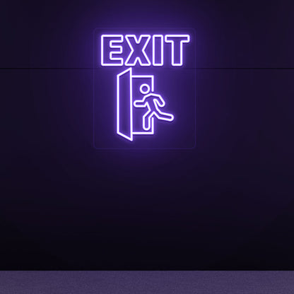 Modern exit purple LED neon sign with door and person symbols on dark wall. For offices, theaters, event venues, hallways, and emergency exits.