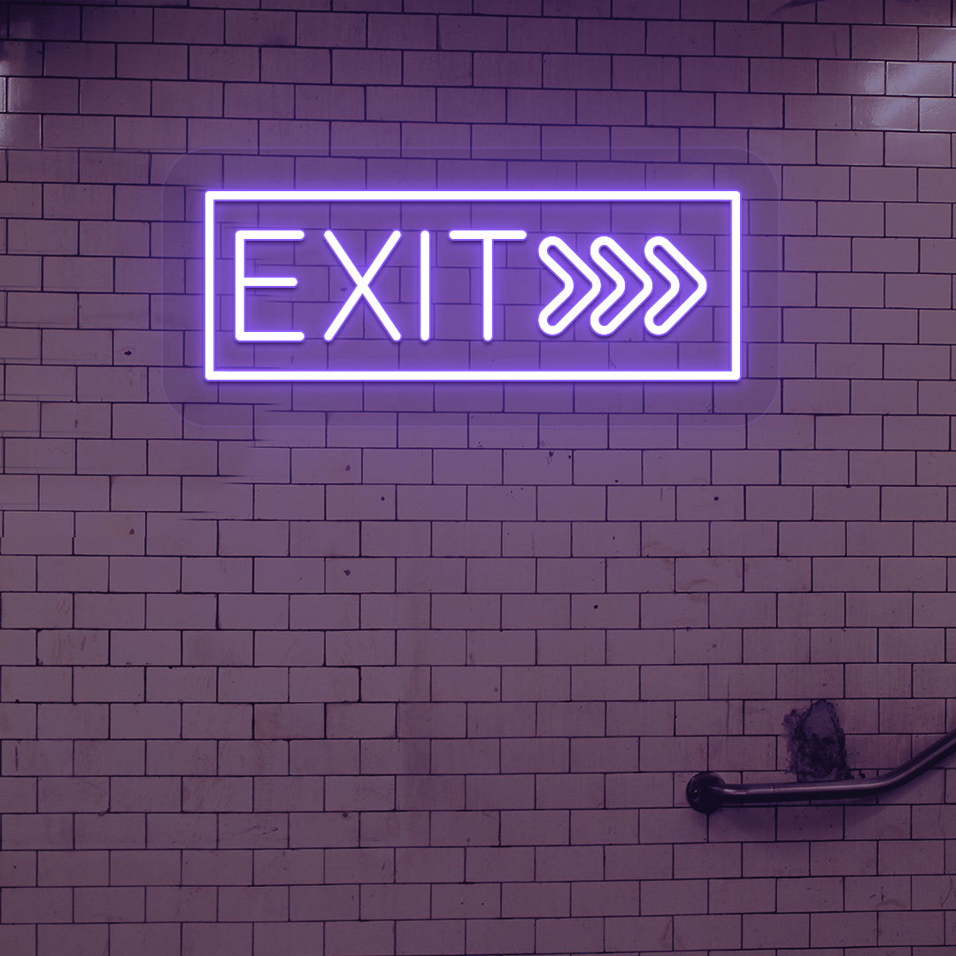Directional purple LED exit neon sign hanging on the brick design wall.