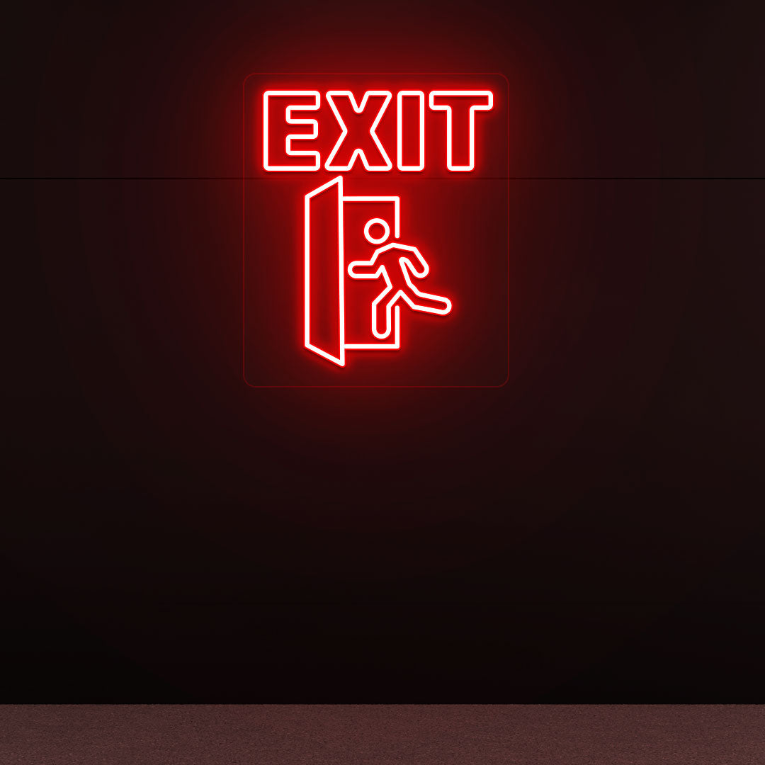 Image of an exit neon sign with a door and people icon glowing on a dark wall in red color.