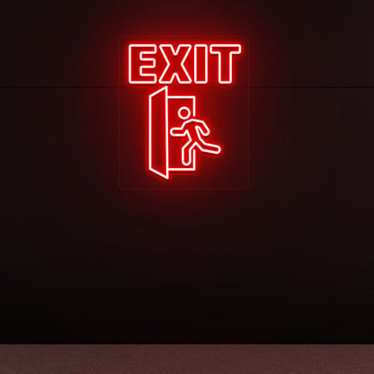 Image of an exit neon sign with a door and people icon glowing on a dark wall in red color.
