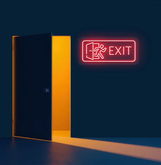 Functional exit neon sign with running man character in red mounted on wall.