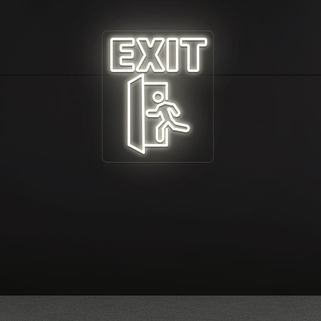 Warm white LED exit neon sign with running man and door symbol mounted on dark wall.