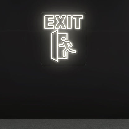 Warm white LED exit neon sign with running man and door symbol mounted on dark wall.