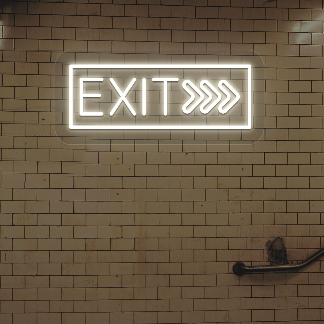 Directional warm white LED exit neon sign hanging on the brick design wall.