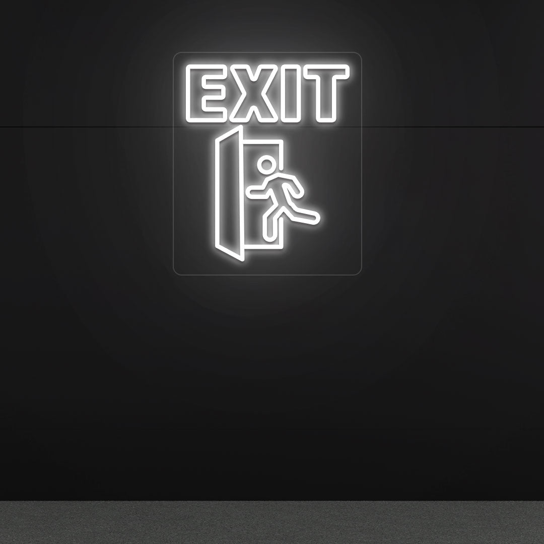 Modern exit white LED neon sign with door and person symbols on dark wall. For offices, theaters, event venues, hallways, and emergency exits.