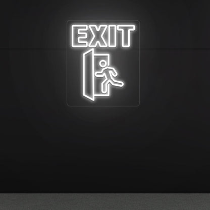 Modern exit white LED neon sign with door and person symbols on dark wall. For offices, theaters, event venues, hallways, and emergency exits.