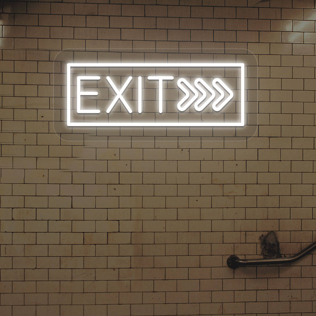 Image of an exit LED neon sign glowing on a brick-patterned wall in white.