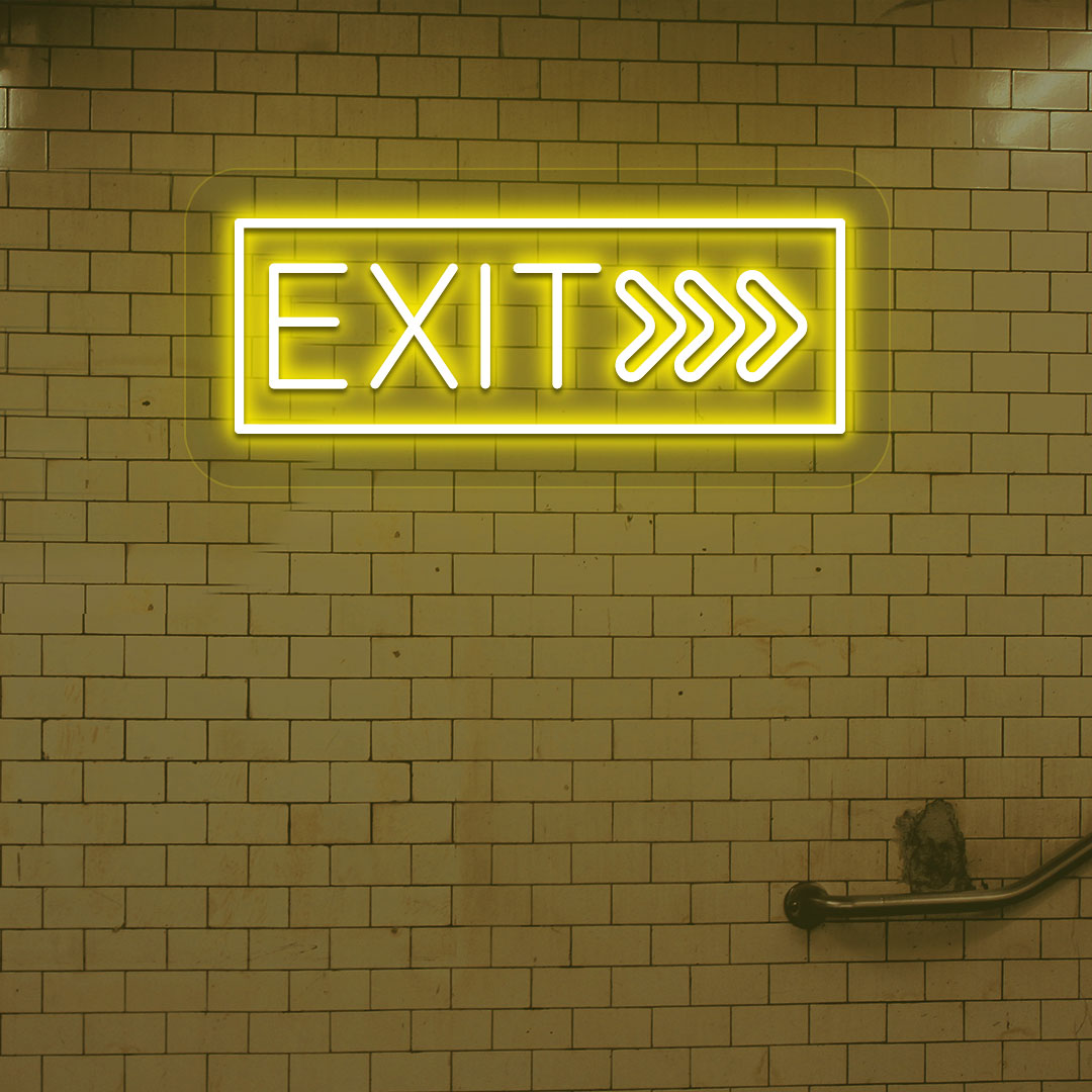 Image of an exit LED neon sign glowing on a brick-patterned wall in yellow.