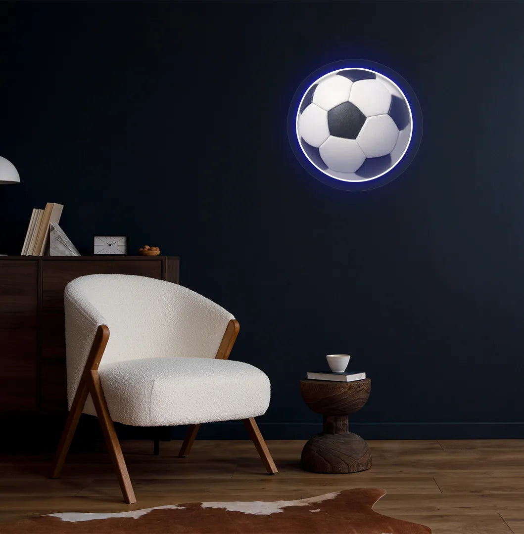 Image of a bright blue FIFA football neon sign mounted on aesthetic room wall.