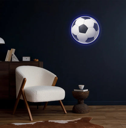 Image of a bright blue FIFA football neon sign mounted on aesthetic room wall.