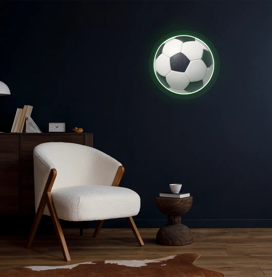 Modern football wall decor with FIFA football neon sign glowing green.