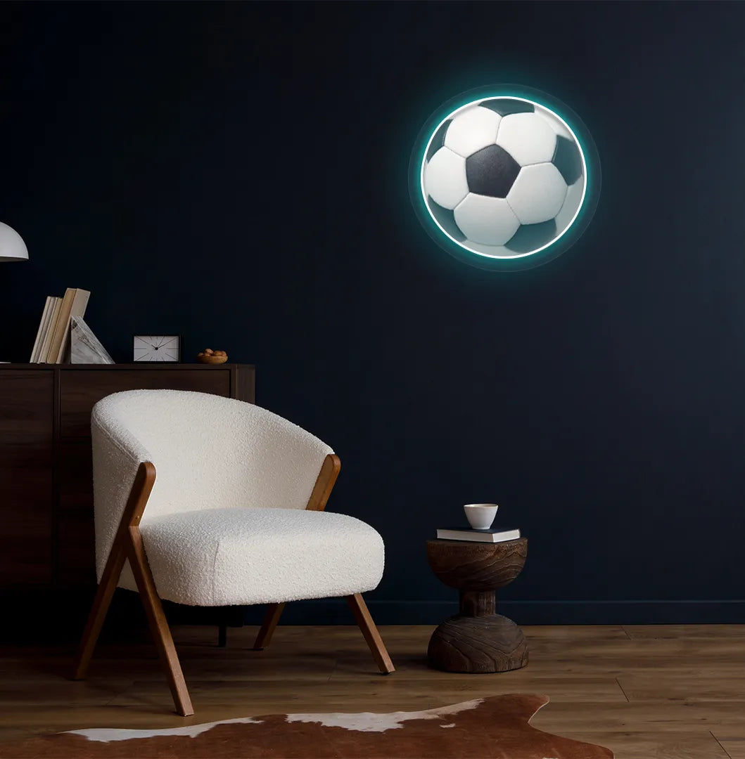 Image of a bright ice blue FIFA football neon sign mounted on aesthetic room wall.