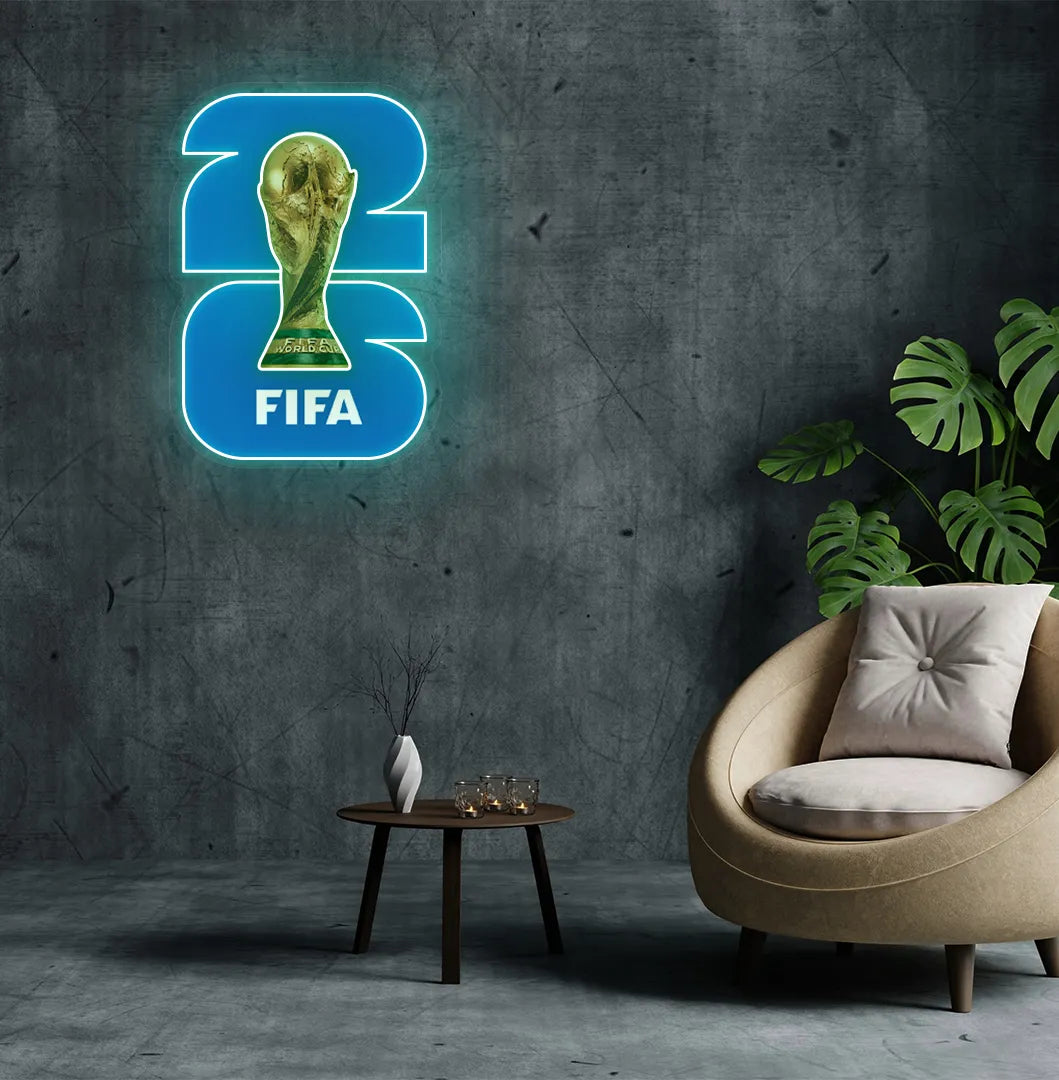 "FIFA World Cup Trophy 2026" neon sign mounted on aesthetic wall in green color.