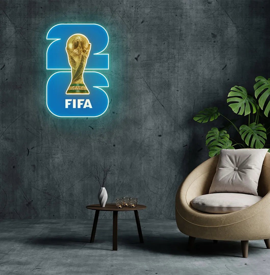 "FIFA World Cup Trophy 2026" neon sign mounted on aesthetic wall in orange color.
