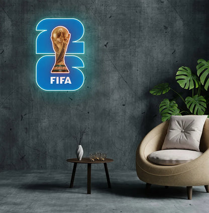 Stylish "FIFA World Cup Trophy 2026" neon sign mounted on aesthetic wall in red color.