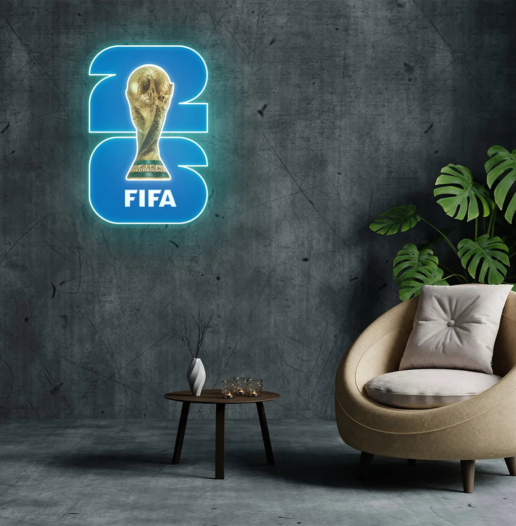 Stylish "FIFA World Cup Trophy 2026" neon sign mounted on aesthetic wall in white color.