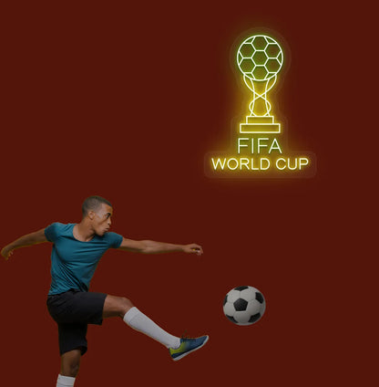 Stylish FIFA World Cup with trophy neon sign mounted on aesthetic wall in green color.