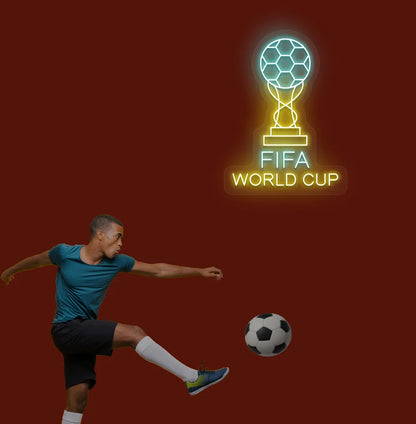 Image of "FIFA World Cup with trophy" neon sign mounted on aesthetic wall in ice blue color.