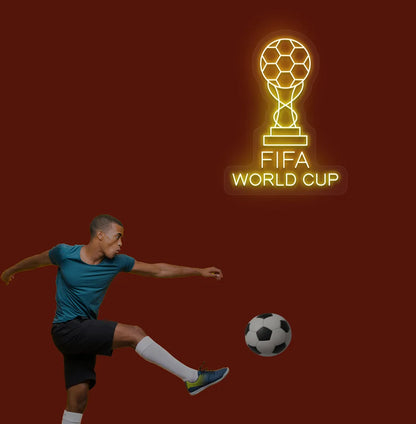 Stylish FIFA World Cup with trophy neon sign mounted on aesthetic wall in orange color.