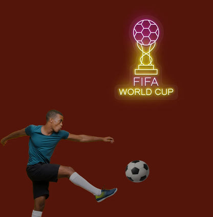 Stylish FIFA World Cup with trophy neon sign mounted on aesthetic wall in purple color.