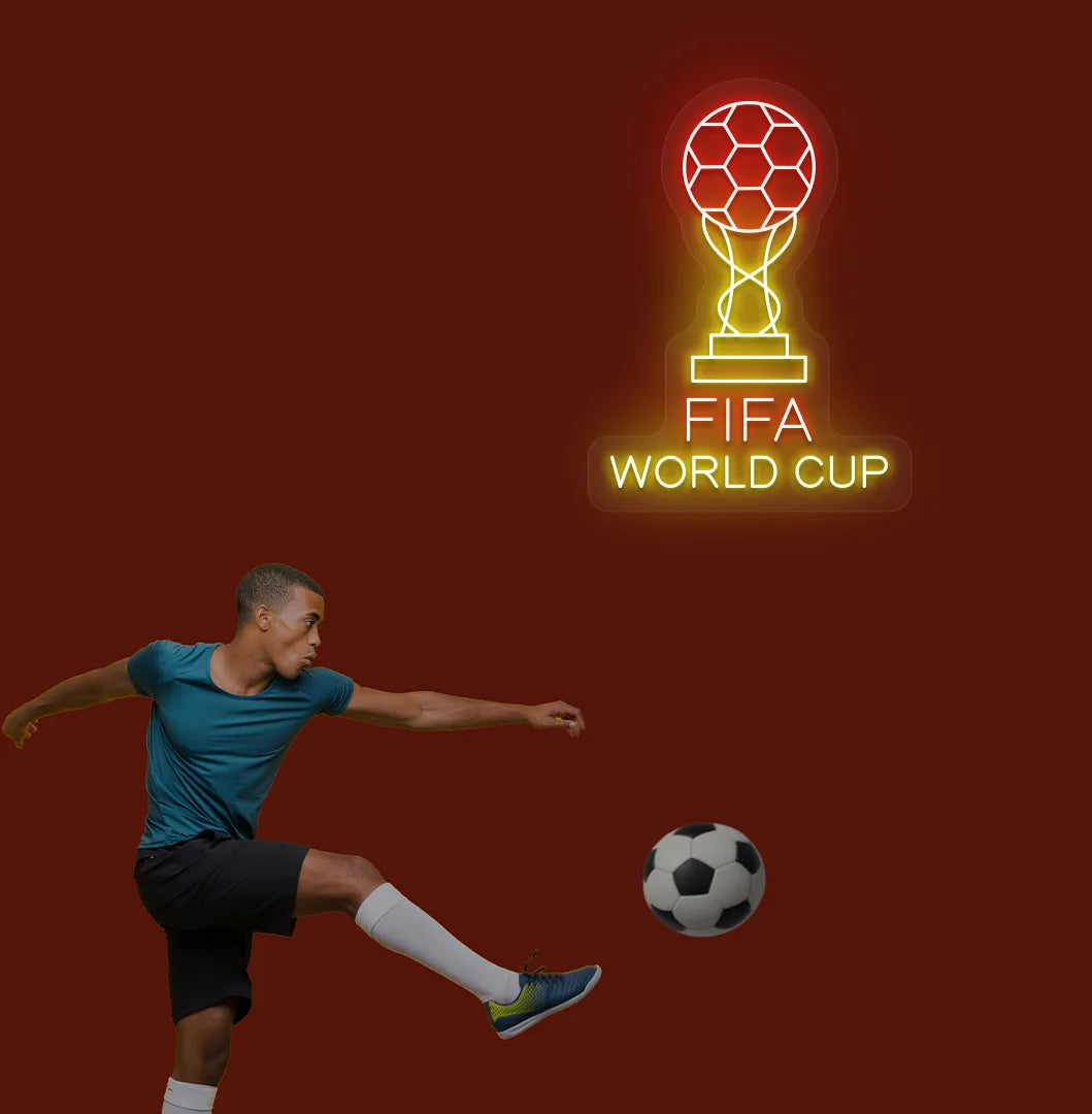 Image of "FIFA World Cup with trophy" neon sign mounted on aesthetic wall in red color.