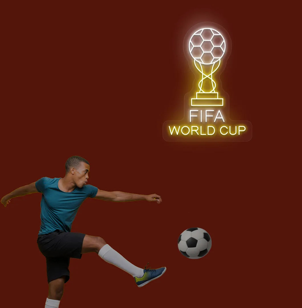 Image of "FIFA World Cup with trophy" neon sign mounted on aesthetic wall in white color.