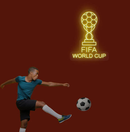 Stylish FIFA World Cup with trophy neon sign mounted on aesthetic wall in yellow color.