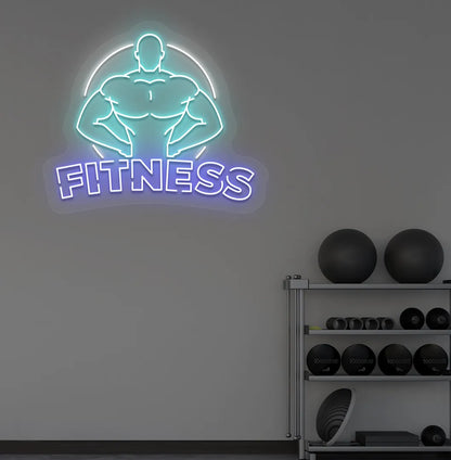 Image of an aesthetic gym wall with fitness neon sign glowing blue.