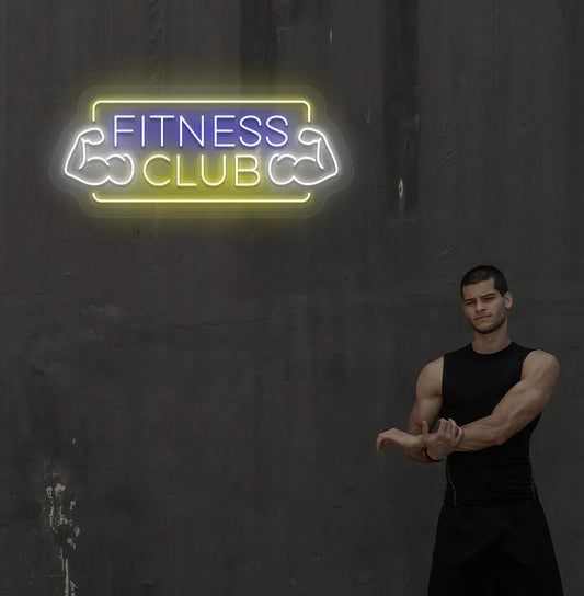 Image of an aesthetic gym wall with fitness club neon sign glowing blue.