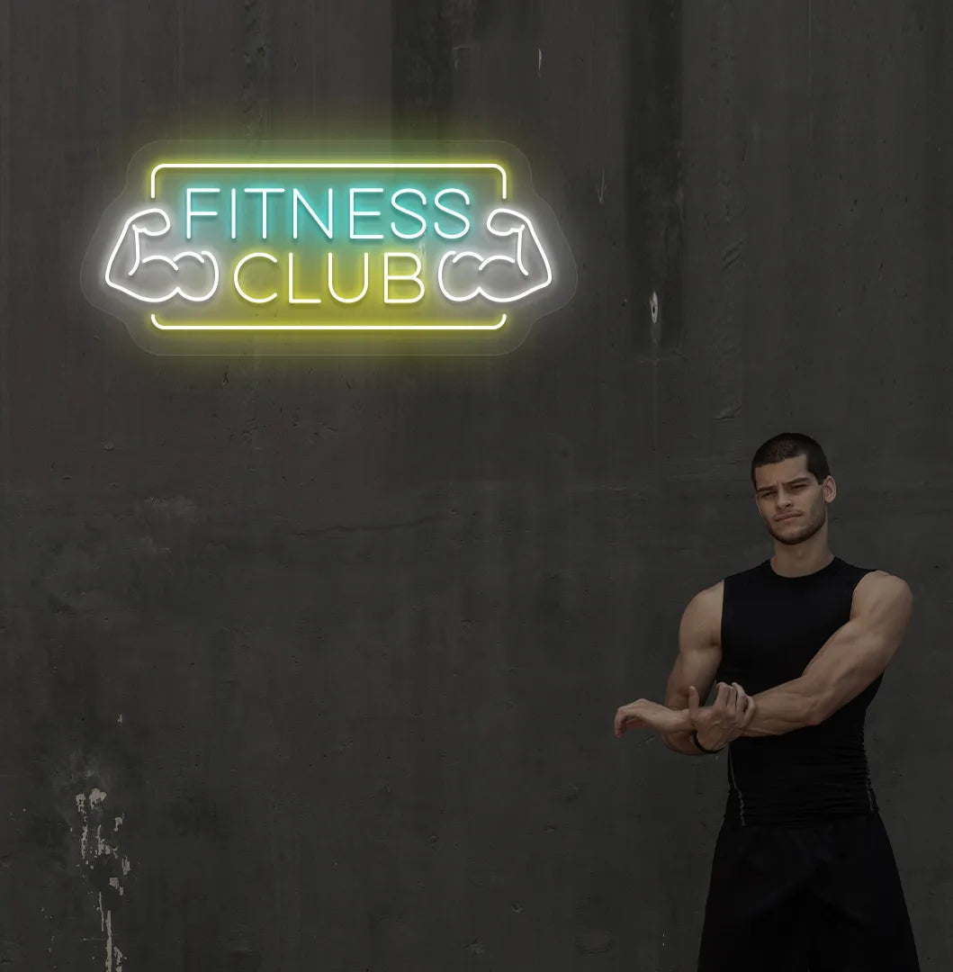 Image of an aesthetic gym wall with fitness club neon sign glowing ice blue.