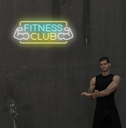 Image of an aesthetic gym wall with fitness club neon sign glowing ice blue.