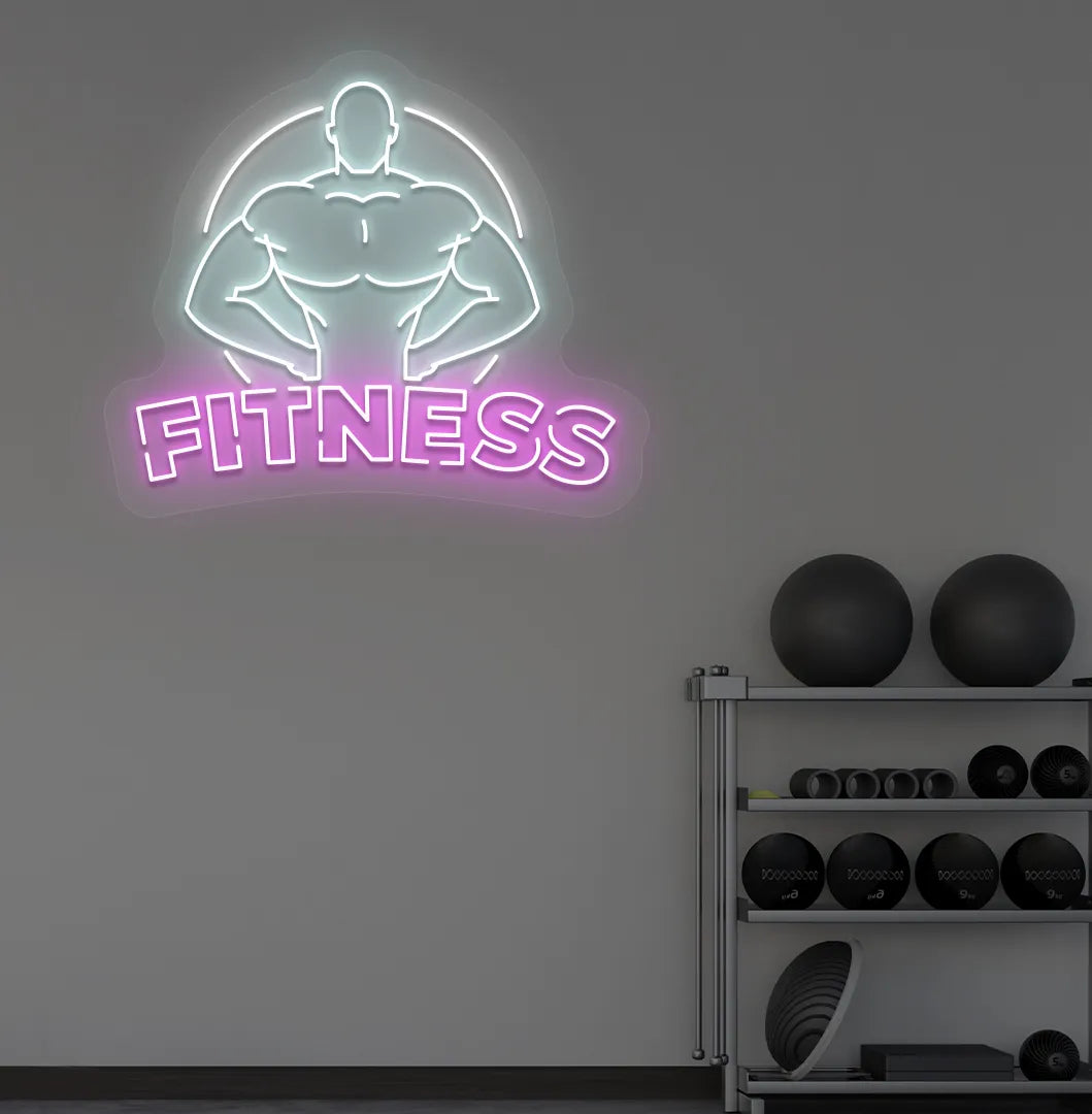 Image of an aesthetic gym wall with fitness neon sign glowing pink.