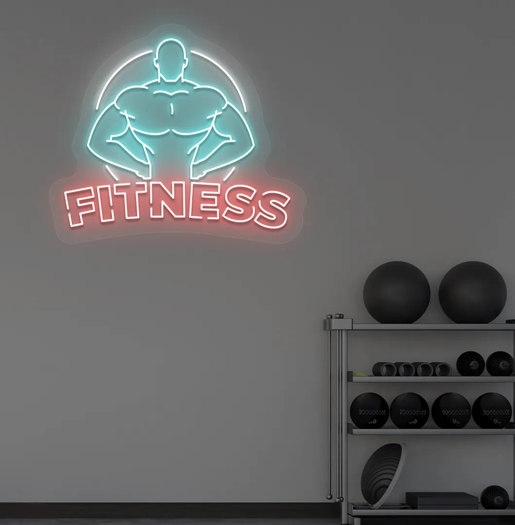 Image of an aesthetic gym wall with fitness neon sign glowing red.