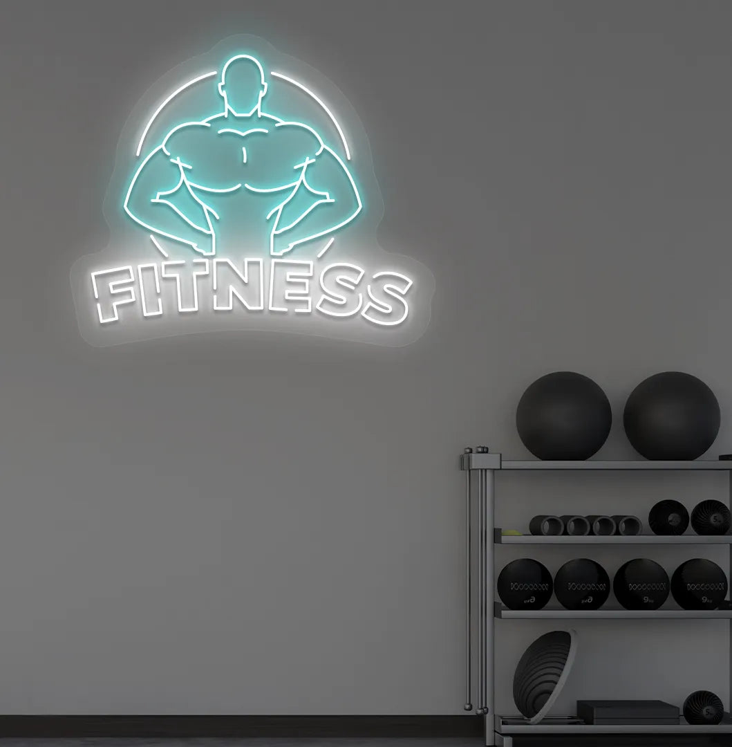 Image of an aesthetic gym wall with fitness neon sign glowing white.