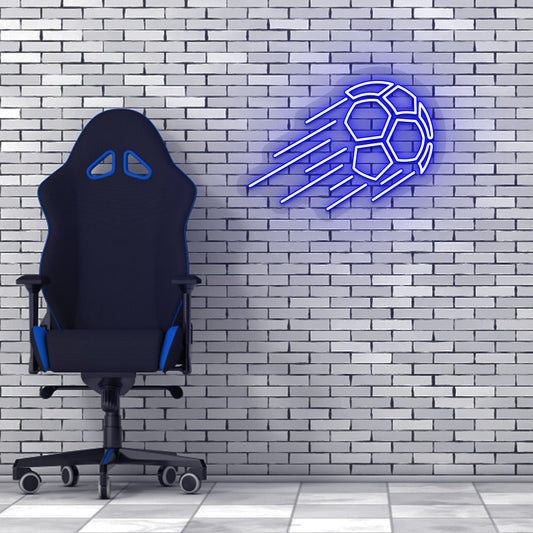 Image of a flying football neon sign in blue LED on a brick design wall with a chair setup.
