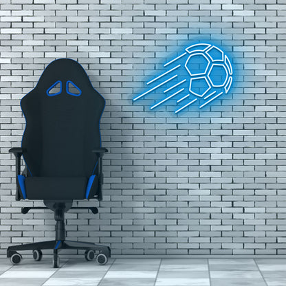 A sports ice blue LED flying football neon sign glows on a brick wall with a chair. Perfect for game rooms, sports setups, and streamers.