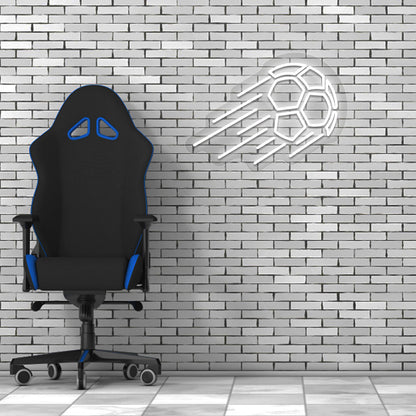 Image of a flying football neon sign in white LED on a brick design wall with a chair setup.