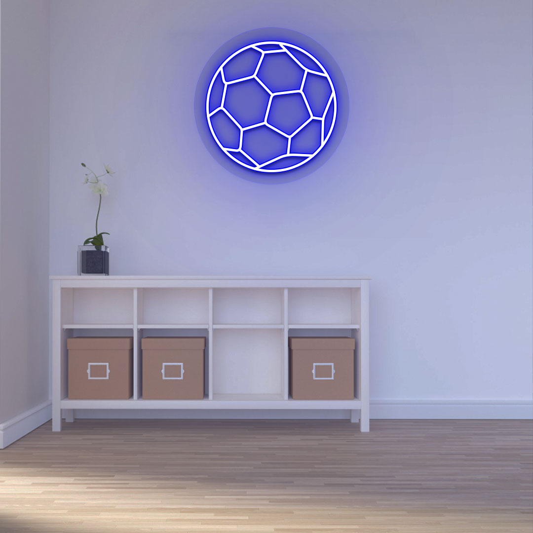 Image of a football neon sign mounted on wall in blue color.