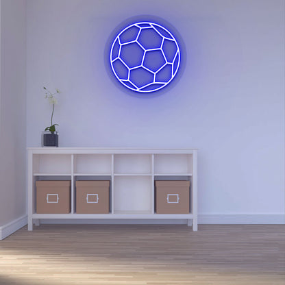 Image of a football neon sign mounted on wall in blue color.