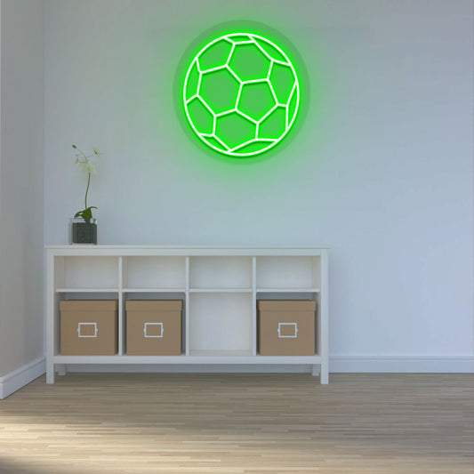 Image of a football neon sign mounted on wall in green color.