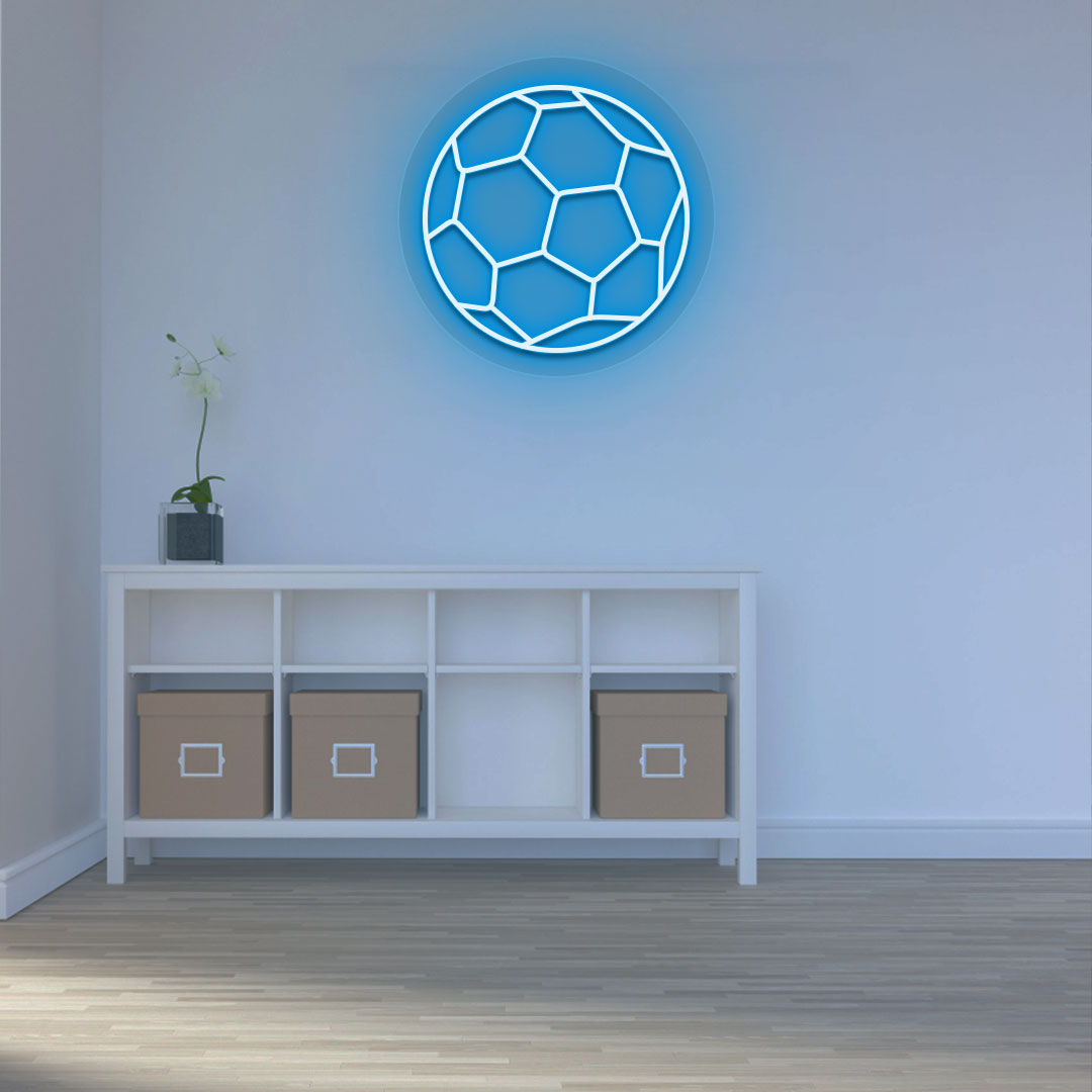 Image of a football neon sign mounted on wall in ice blue color.