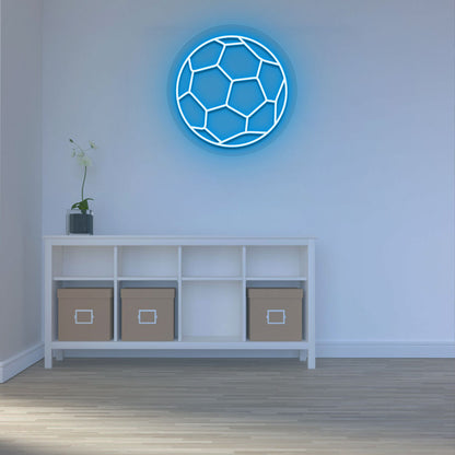 Image of a football neon sign mounted on wall in ice blue color.