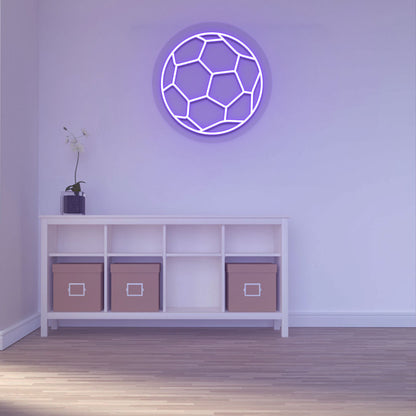 A stylish purple LED football neon sign is glowing on a wall. 