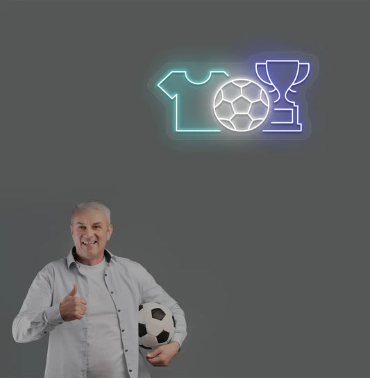 Image of a "football trophy and jersey" neon sign mounted on aesthetic wall in blue color.