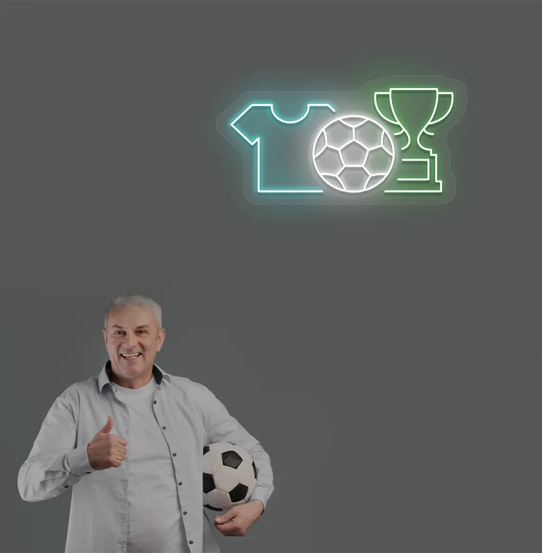 Trendy football trophy and jersey neon sign in green mounted on aesthetic room wall.