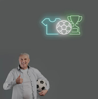 Trendy football trophy and jersey neon sign in green mounted on aesthetic room wall.