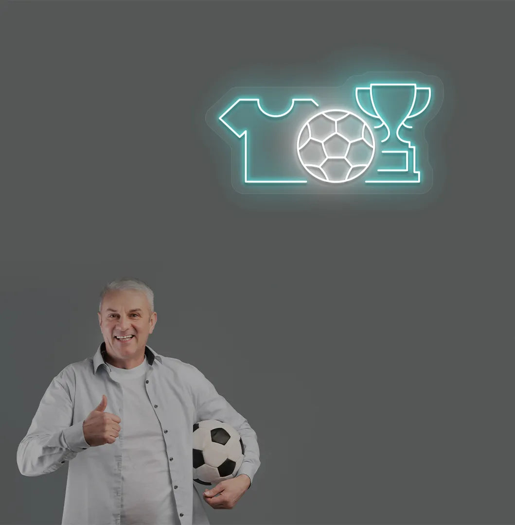 Image of a "football trophy and jersey" neon sign mounted on aesthetic wall in ice blue color.