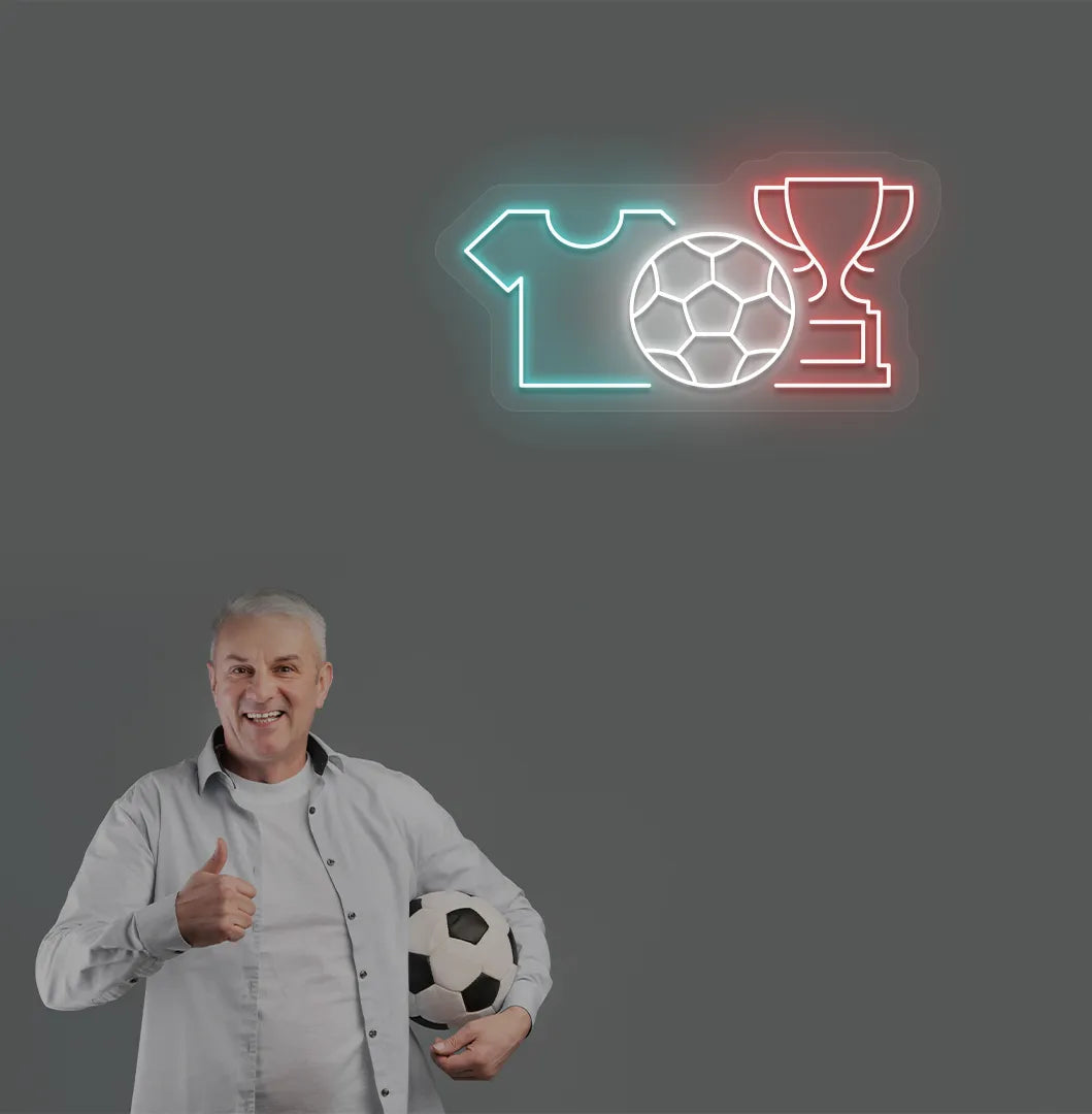 Image of a "football trophy and jersey" neon sign mounted on aesthetic wall in red color.