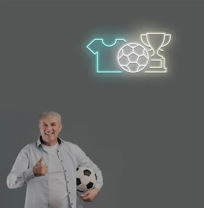Trendy football trophy and jersey neon sign in warm white mounted on aesthetic room wall.