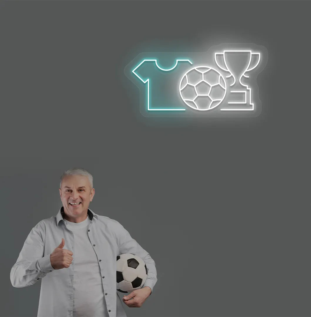Image of a "football trophy and jersey" neon sign mounted on aesthetic wall in white color.